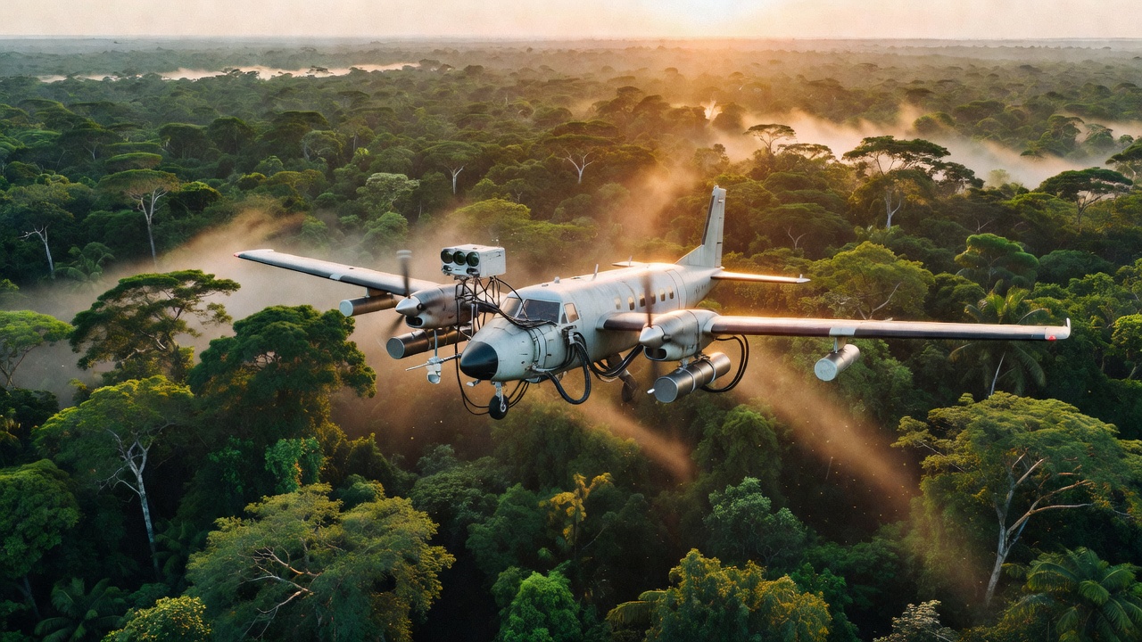 Avioneta con instrumentos de muestreo atmosférico volando a baja altura sobre el dosel de la selva amazónica al amanecer