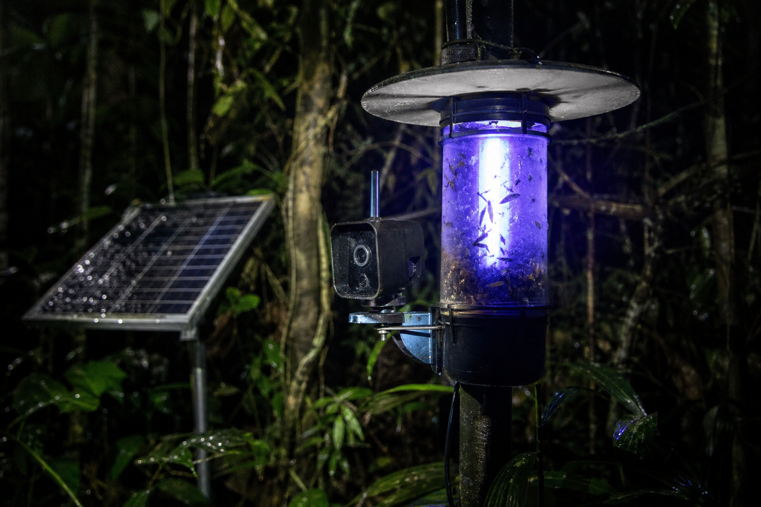 Una trampa de luz solar con cámara e IA vigila insectos toda la noche, sin que nadie tenga que revisarla