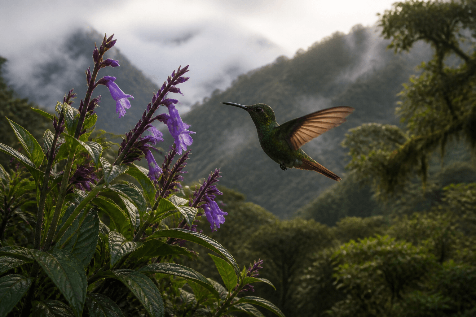 Un colibrí en vuelo suspendido junto a flores moradas en un bosque de niebla andino, con montañas cubiertas de neblina al fondo