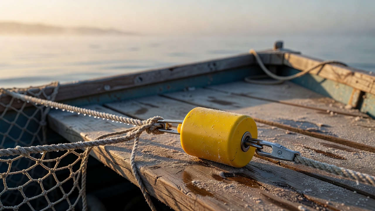 Alarma acústica amarilla sujeta a una red de pesca en la cubierta de un bote artesanal al amanecer