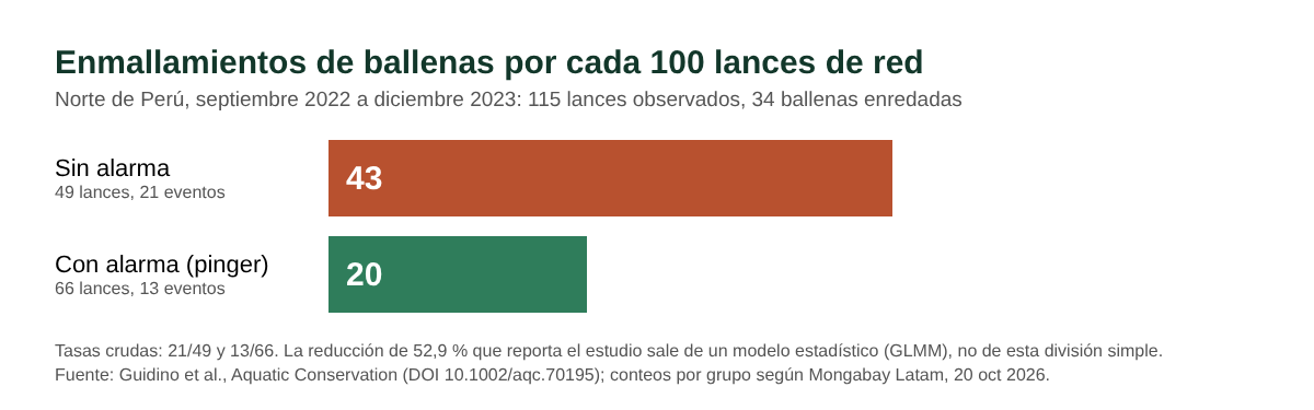 Gráfico de barras: 43 enredos por cada 100 lances sin alarma y 20 con alarma
