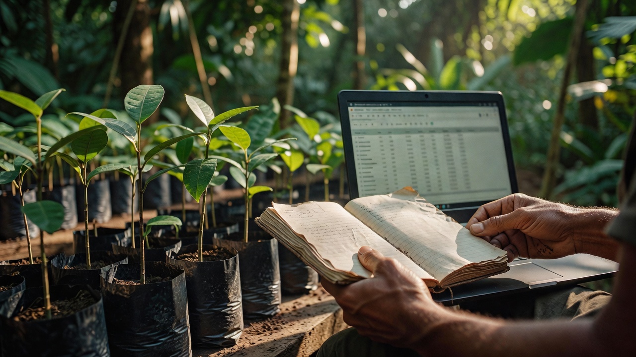Manos sostienen un cuaderno de campo frente a un portátil, junto a bolsas negras con plántulas de especies nativas en un vivero