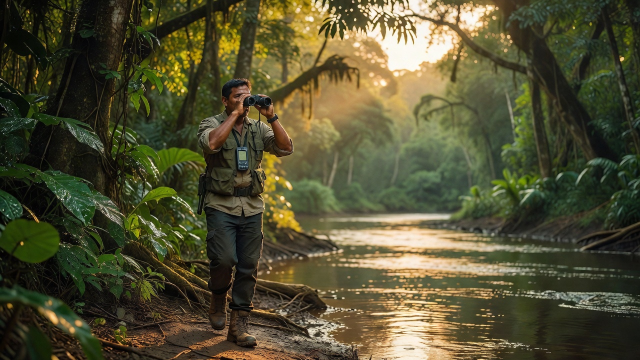Un monitor comunitario con binoculares y un GPS junto a un río en un bosque tropical al atardecer