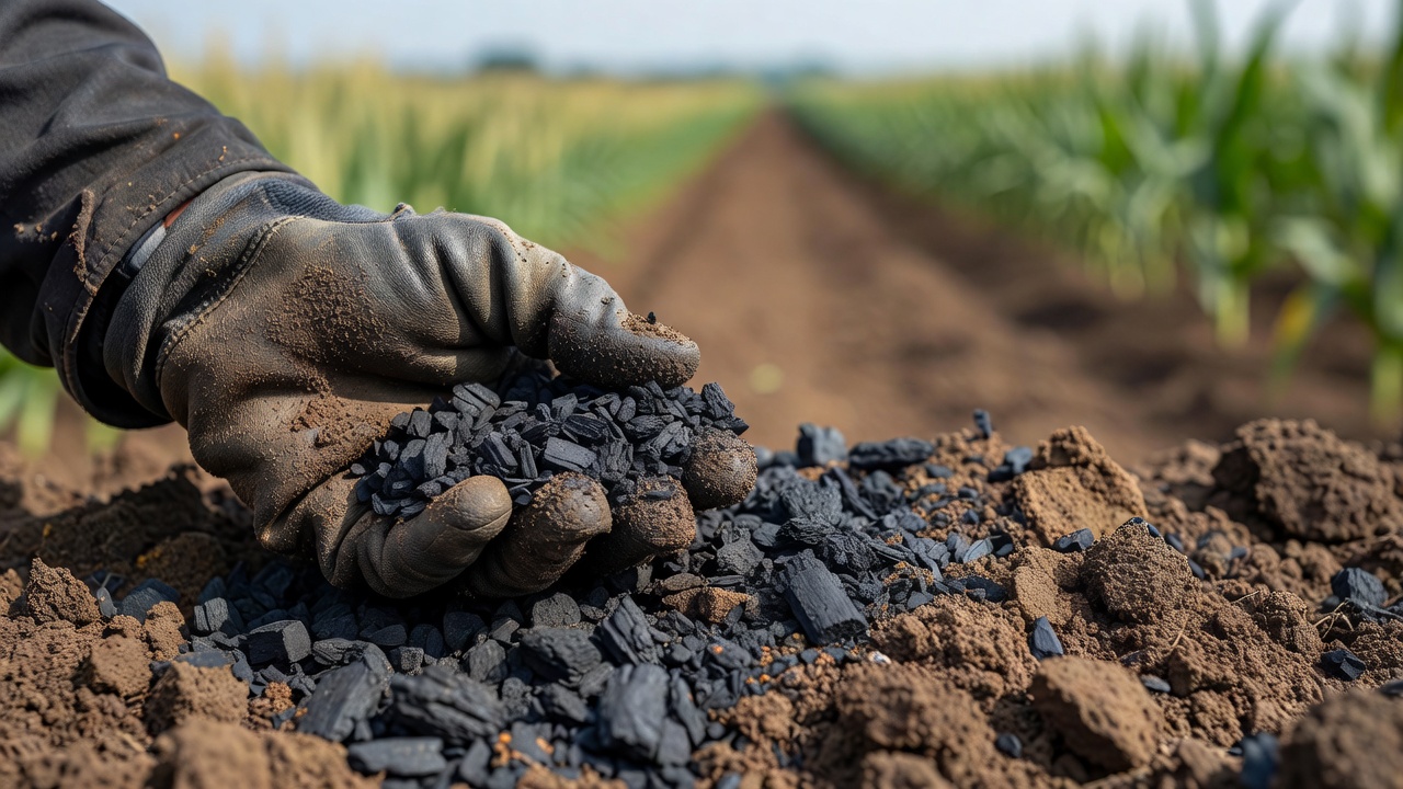 Mano con guante sosteniendo trozos de biochar negro sobre suelo agrícola, con un cultivo de maíz desenfocado al fondo