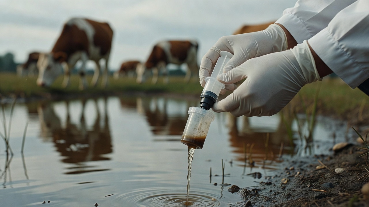 Manos con guantes toman una muestra de agua de un estanque con una jeringa y un filtro, con vacas pastando al fondo