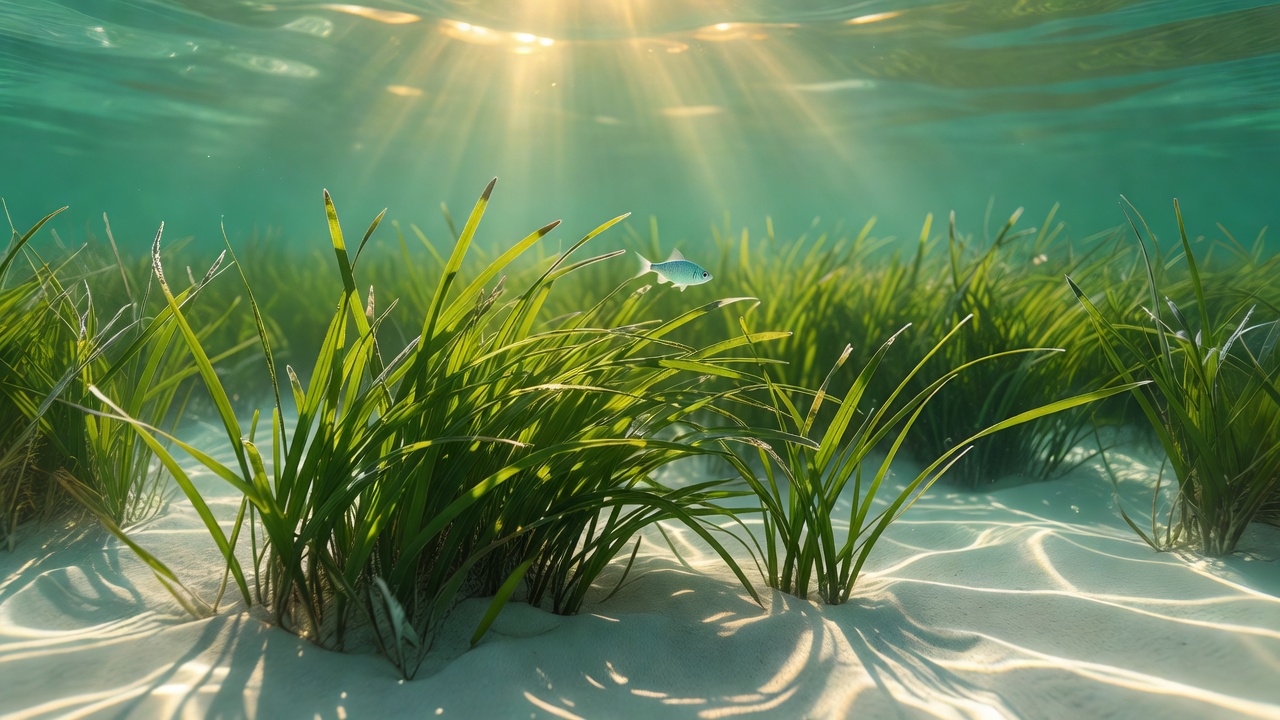 Pradera marina de aguas poco profundas con rayos de sol y un pez pequeño sobre arena clara