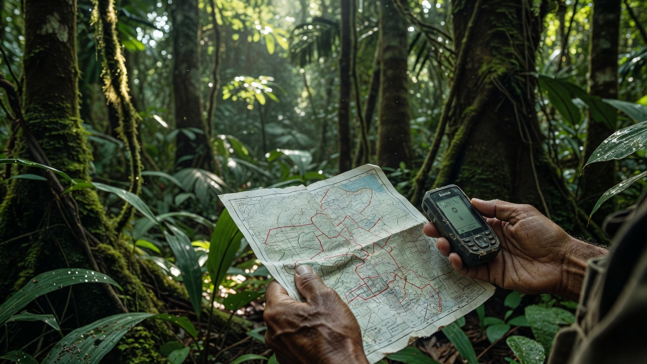 Manos sosteniendo un mapa con límites de predios y un GPS de mano dentro de un bosque tropical
