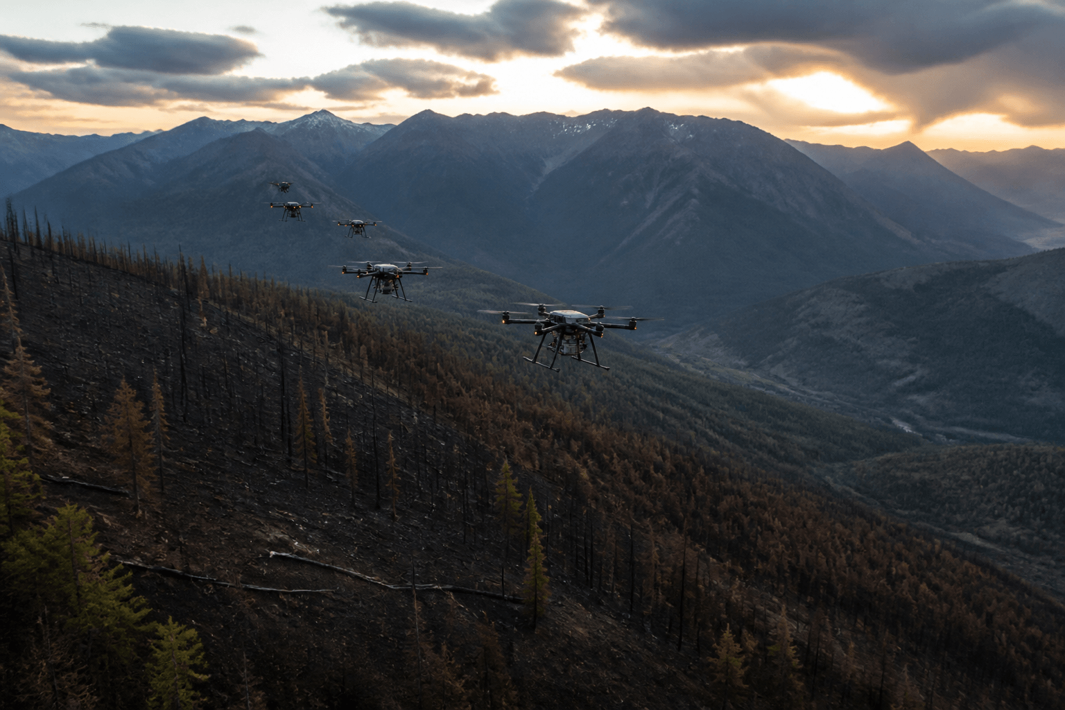 Enjambre de drones de siembra sobrevolando una ladera quemada al atardecer