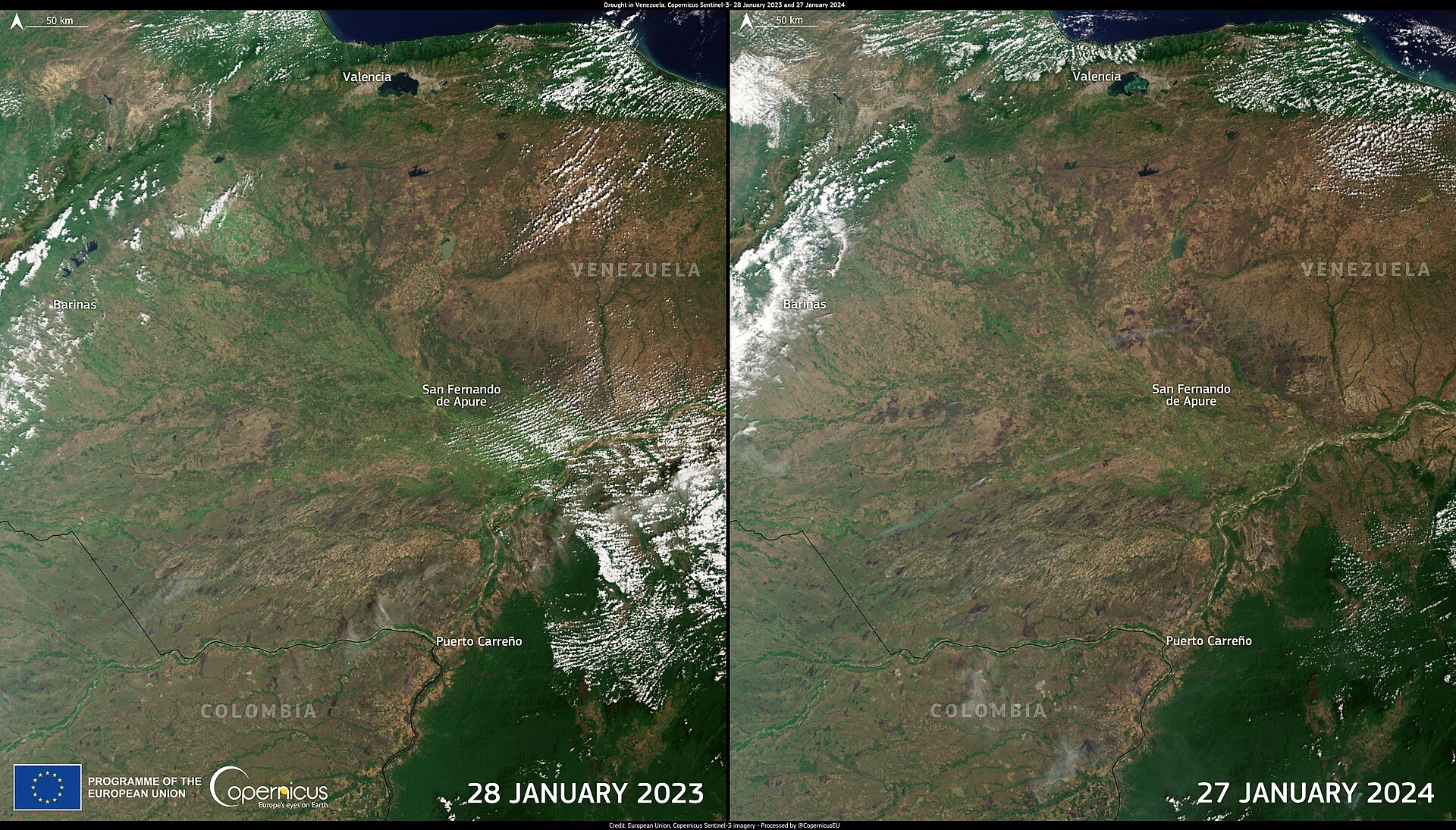 Dos imágenes satelitales lado a lado de la frontera entre Colombia y Venezuela, en enero de 2023 y en enero de 2024, con la vegetación más seca en la segunda