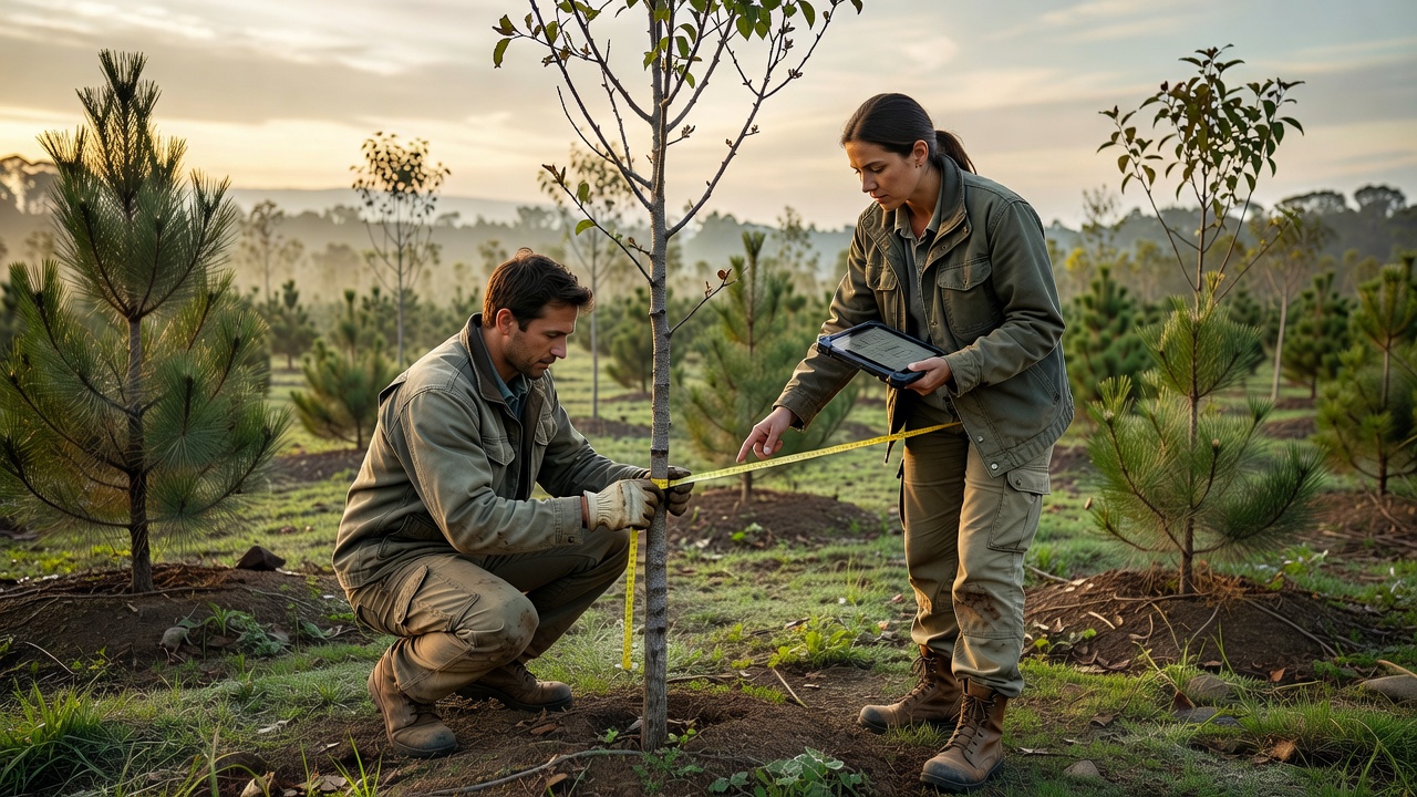 Dos técnicos de campo miden con una cinta el tronco de un árbol joven en una parcela de reforestación, uno de ellos con una tableta