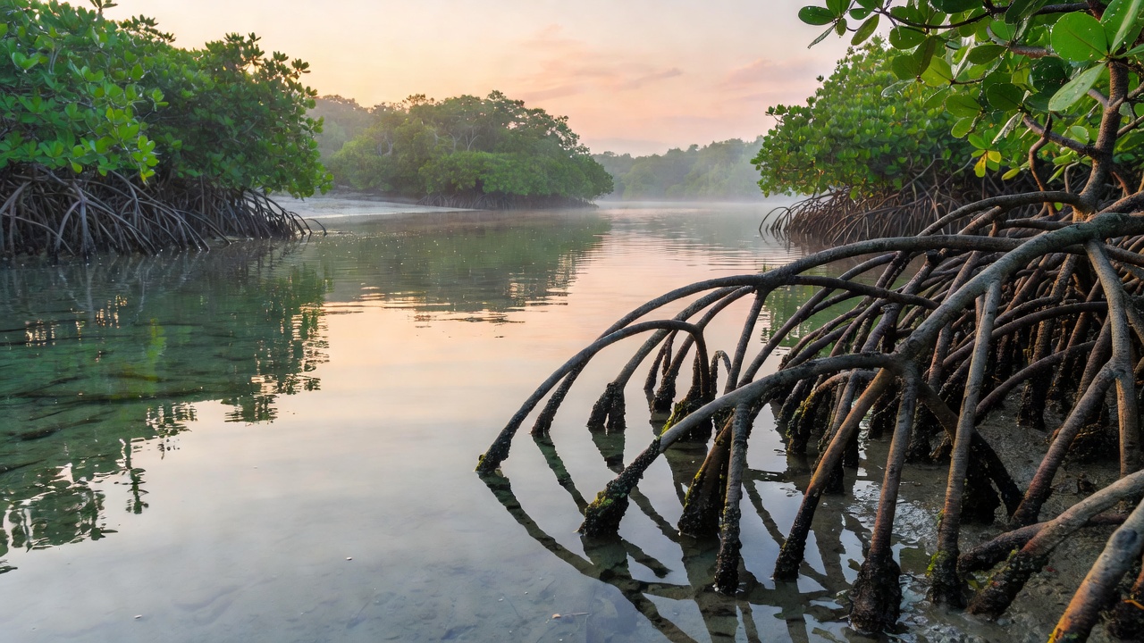 Raíces de mangle sobre aguas someras y tranquilas al amanecer en una costa tropical