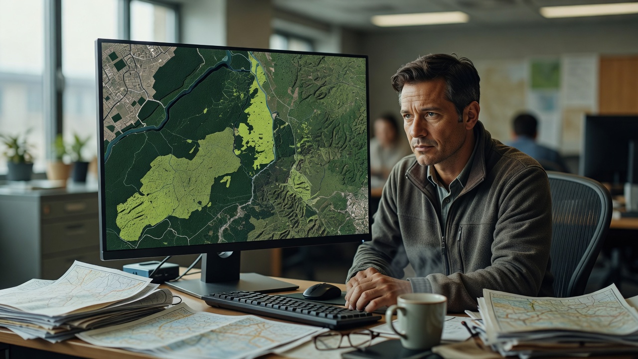 Una persona analiza en un monitor un mapa de cobertura con parches de bosque en distintos tonos de verde, rodeada de mapas impresos