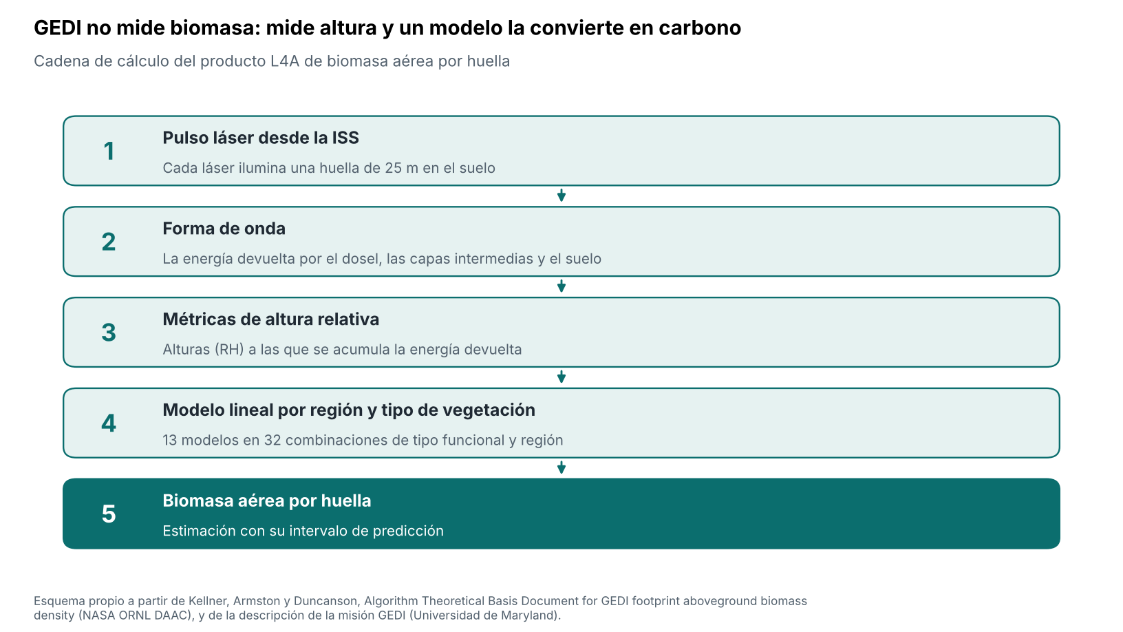 Esquema de cinco pasos que va del pulso láser de GEDI a la estimación de biomasa aérea por huella