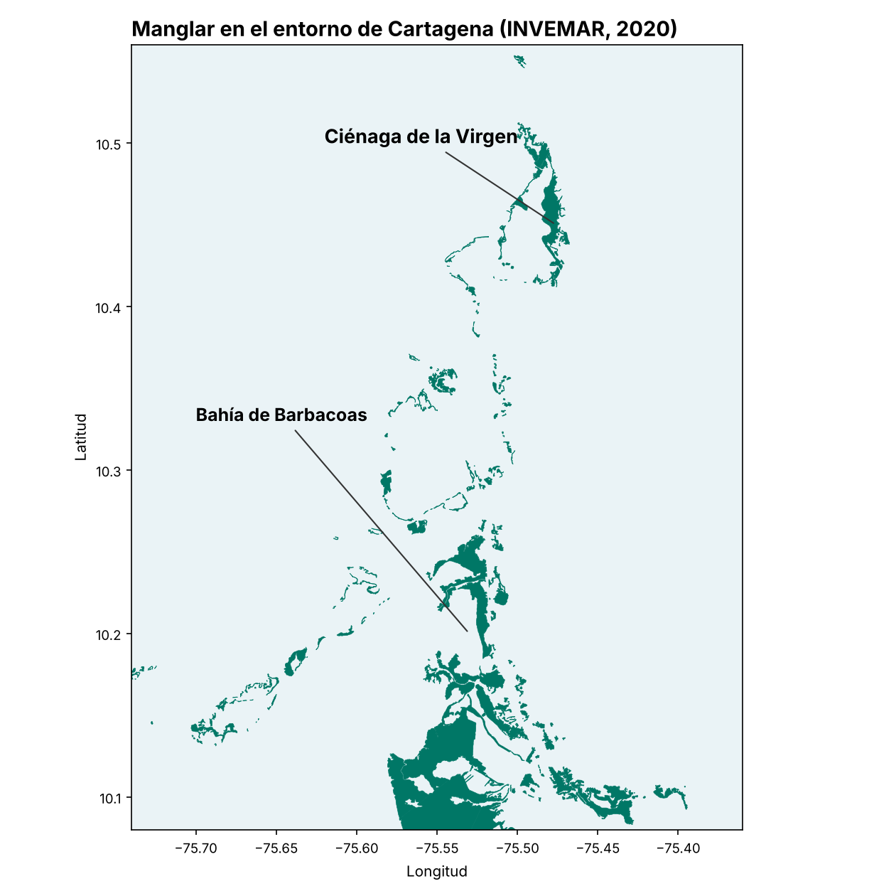 Mapa de los polígonos de manglar en el entorno de Cartagena, con la Ciénaga de la Virgen al norte y la Bahía de Barbacoas al sur