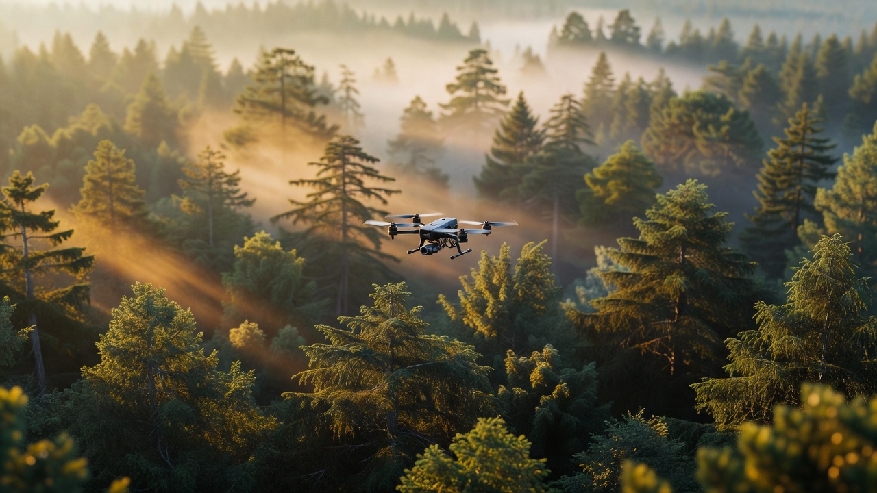 Un dron multirrotor con sensor LiDAR vuela sobre el dosel de un bosque con neblina al amanecer