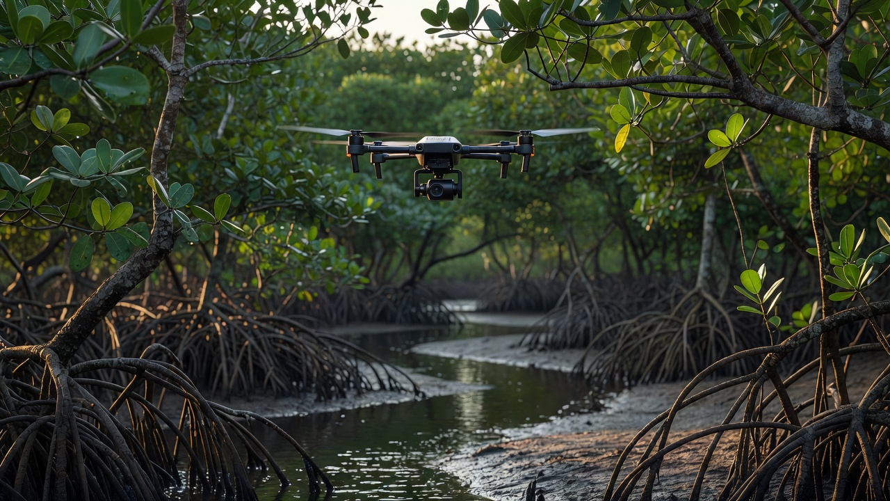 Un dron con sensor compacto vuela entre raíces zancudas de mangle sobre un canal de marea al amanecer