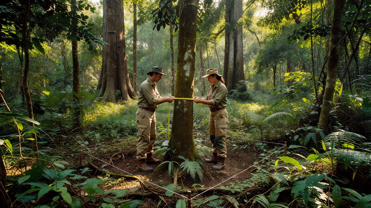 Dos botánicos con sombrero miden con una cinta el tronco de un árbol dentro de una parcela delimitada con cuerda en un bosque tropical joven