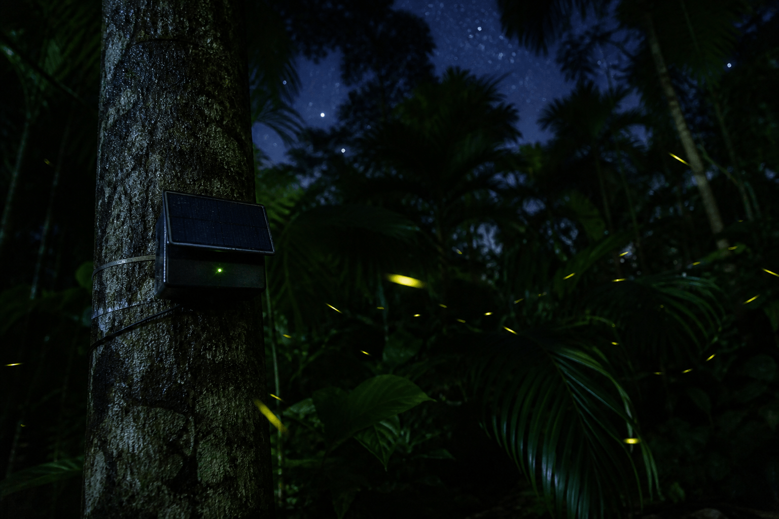 Escena nocturna de selva tropical con la luz indicadora de un sensor de monitoreo remoto
