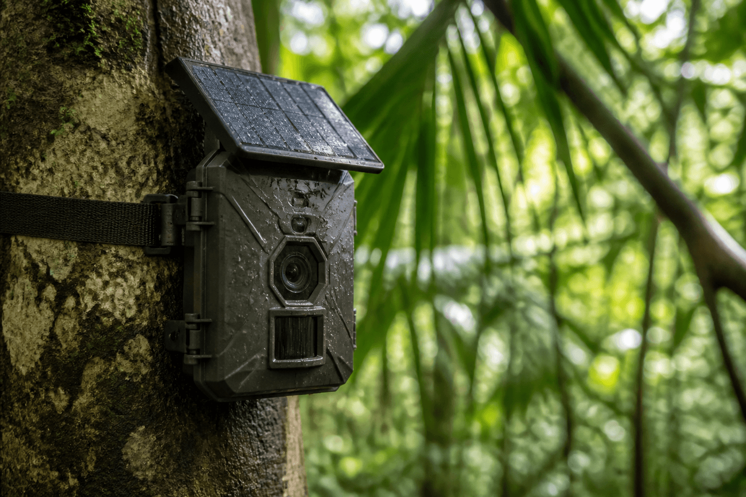 Nodo de monitoreo solar con cámaras y antena satelital instalado en el dosel de un bosque tropical
