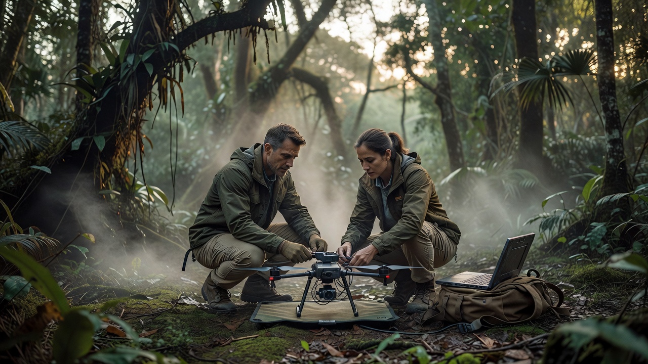Dos investigadores en cuclillas preparan un dron pequeño sobre una plataforma en un claro del bosque, con un portátil y una mochila al lado