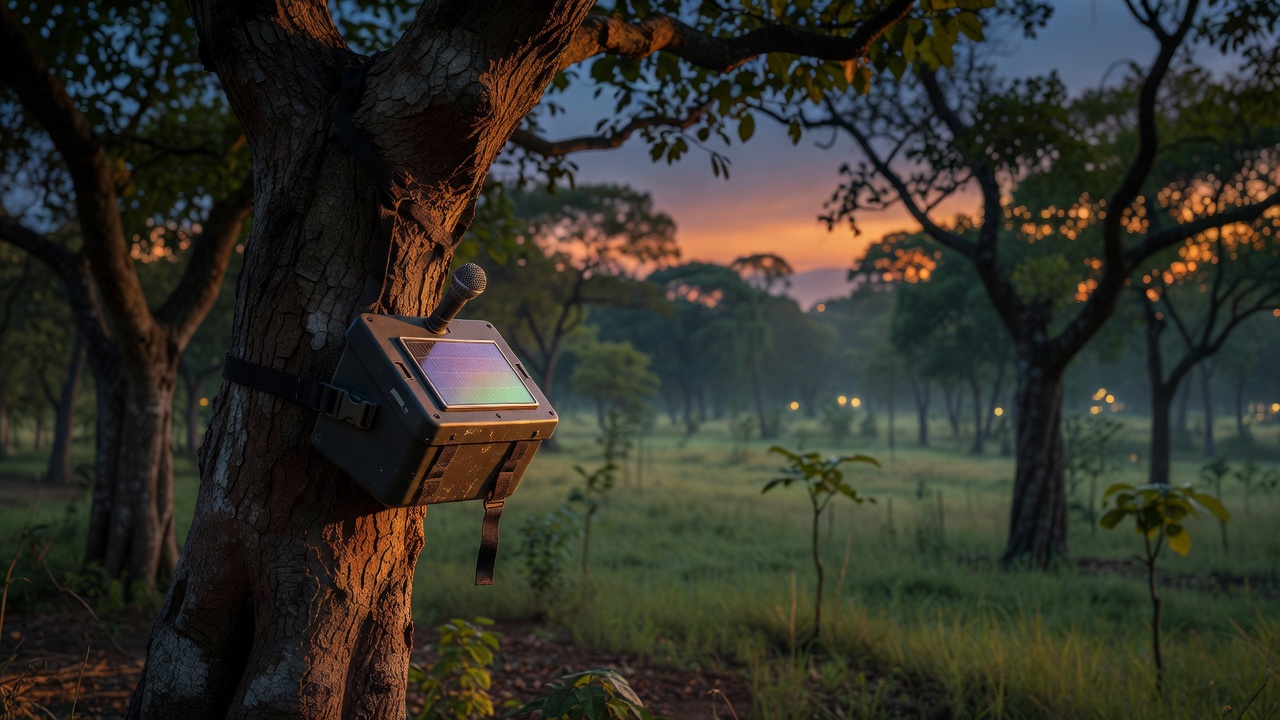 Sensor acústico con panel solar sujeto a un tronco, en un bosque de llanura al atardecer