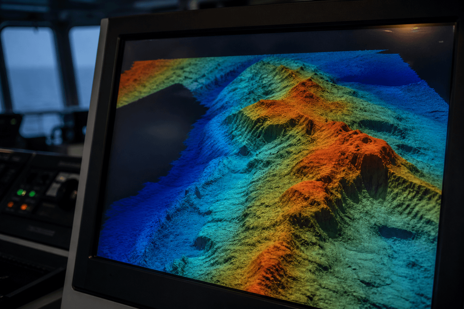 Pantalla de sonar multihaz mostrando datos de batimetría del fondo marino